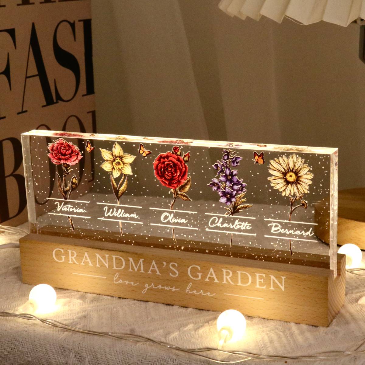 Grandma's Garden Of Grandkids Birth Month Flowers Personalized LED Night Light, Heartfelt Gift For Grandma, Mom